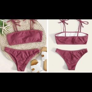 Ribbed Tie Shoulder Bikini Swimsuit